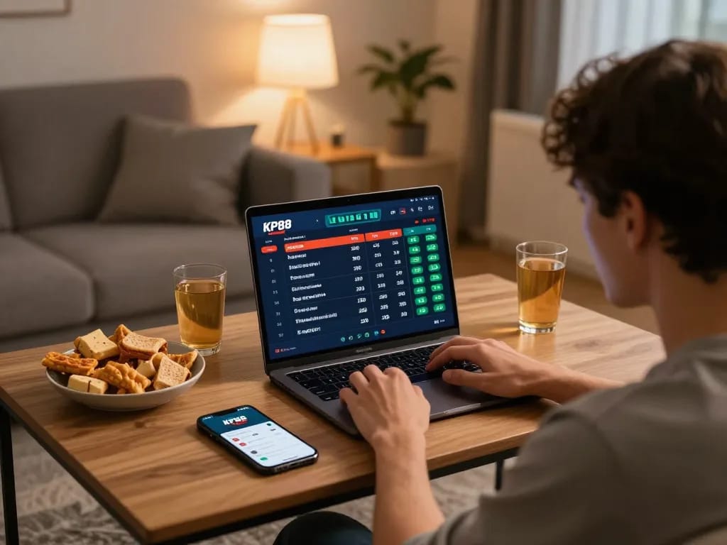 Engaging sports betting on KP88 platform with live odds on laptop, enhancing home gambling experience.