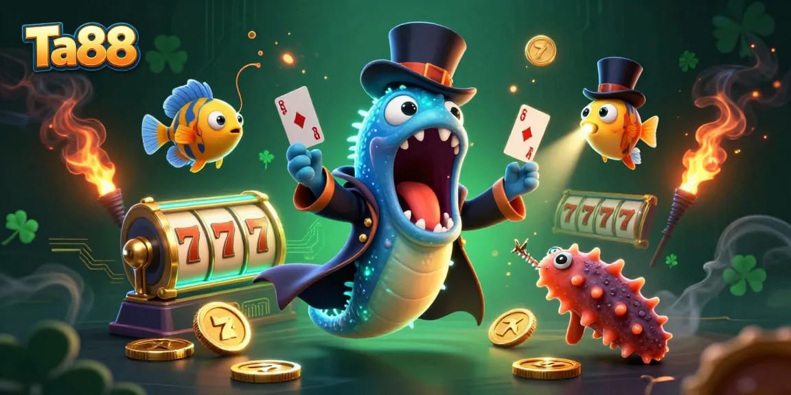 Ta88 engages players with a magical scene featuring a gulper eel and anglerfish in a vibrant casino setting.
