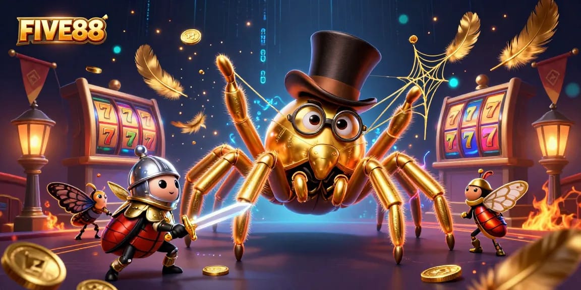 Engage with FIVE88 as the golden tarantula weaves its winning web amidst vibrant casino elements.