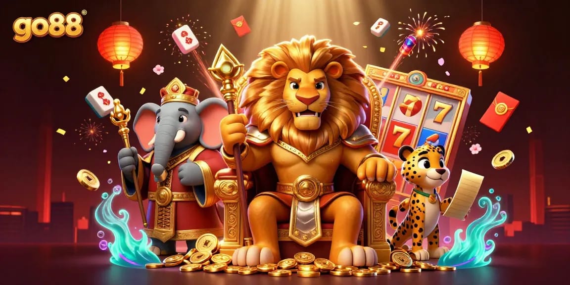 Experience the excitement of go88 with a fierce lion king, wealth of casino elements, and vibrant atmosphere.
