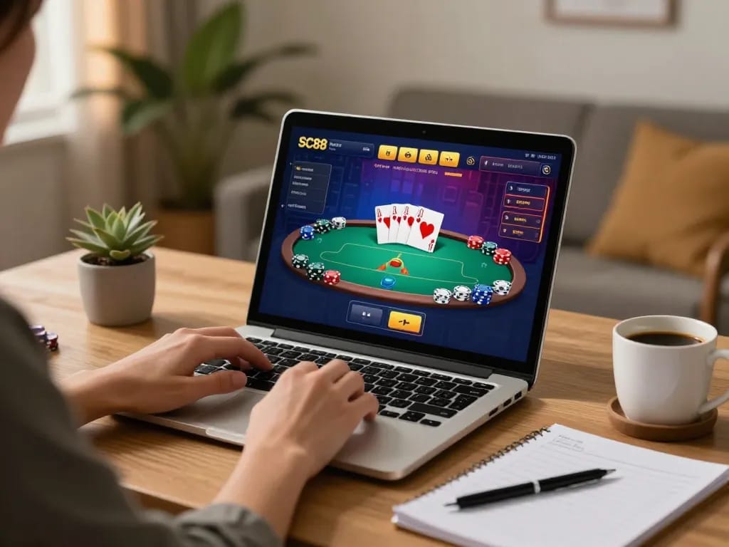 SC88 đăng nhập via laptop displaying vibrant poker game interface in cozy home office.
