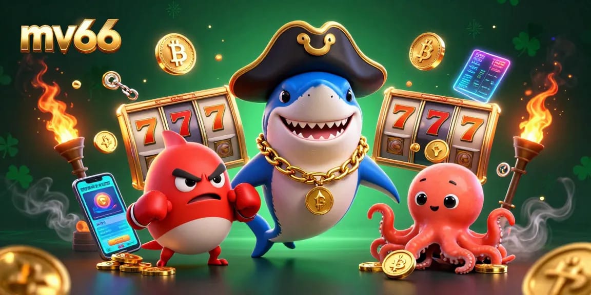 Experience thrilling jackpots with mv66 as a pirate shark, pufferfish, and octopus celebrate winning coins.