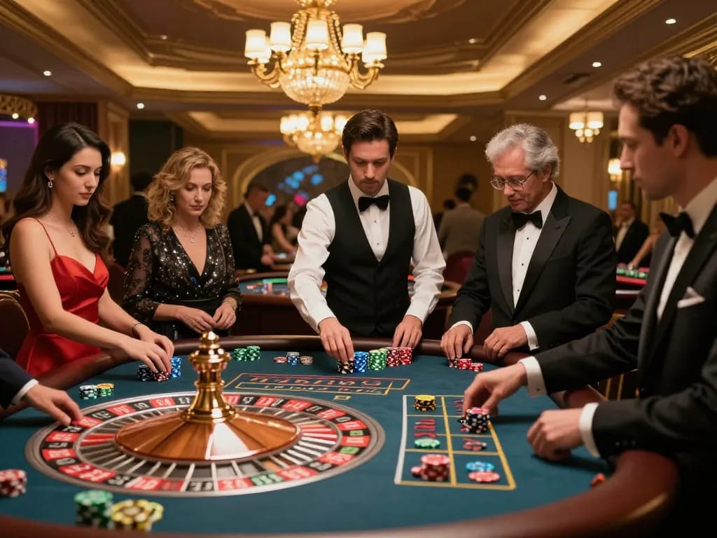 Players enjoying the excitement of roulette at RR88, immersed in a vibrant casino atmosphere.
