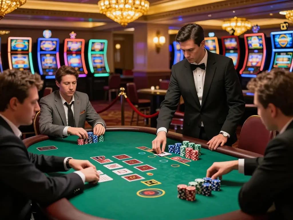 Players engage at a blackjack table with chips stacked, showcasing the strategic action of 5679 gambling.