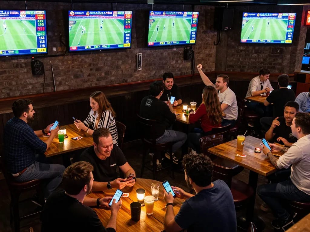 Witness the excitement of kèo nhà cái chuẩn with live sports betting in a vibrant sports bar atmosphere