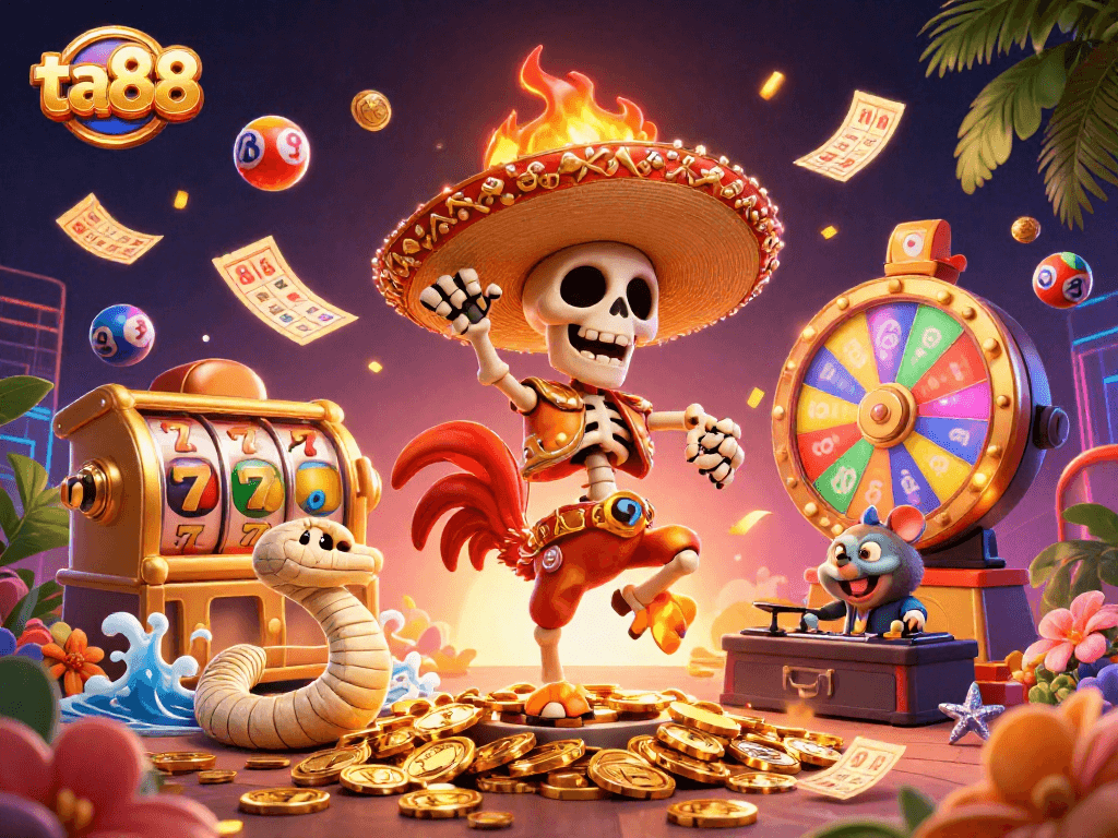 Engage in thrilling wins at ta88 with vibrant casino characters amidst golden slot reels and dynamic game elements.