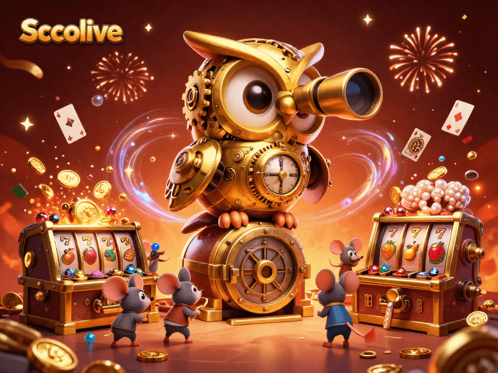 Socolive's compelling casino scene showcases a whimsical owl and busy mice amid rich slot machines.