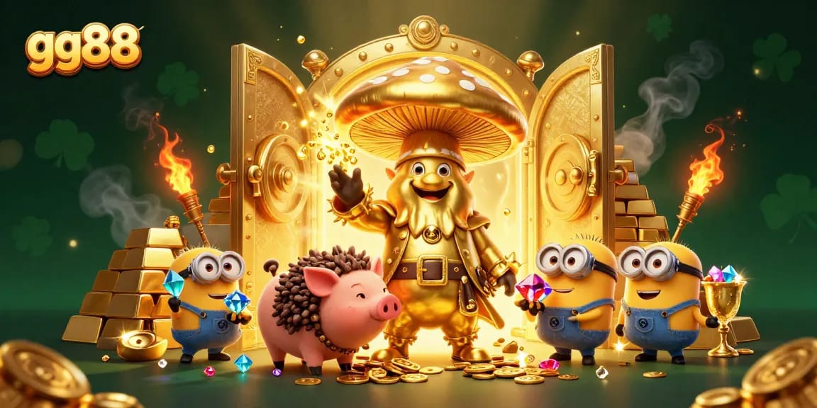 Experience the thrilling adventures of gg88 with a dynamic 3D treasure scene full of golden elements and mystical characters.