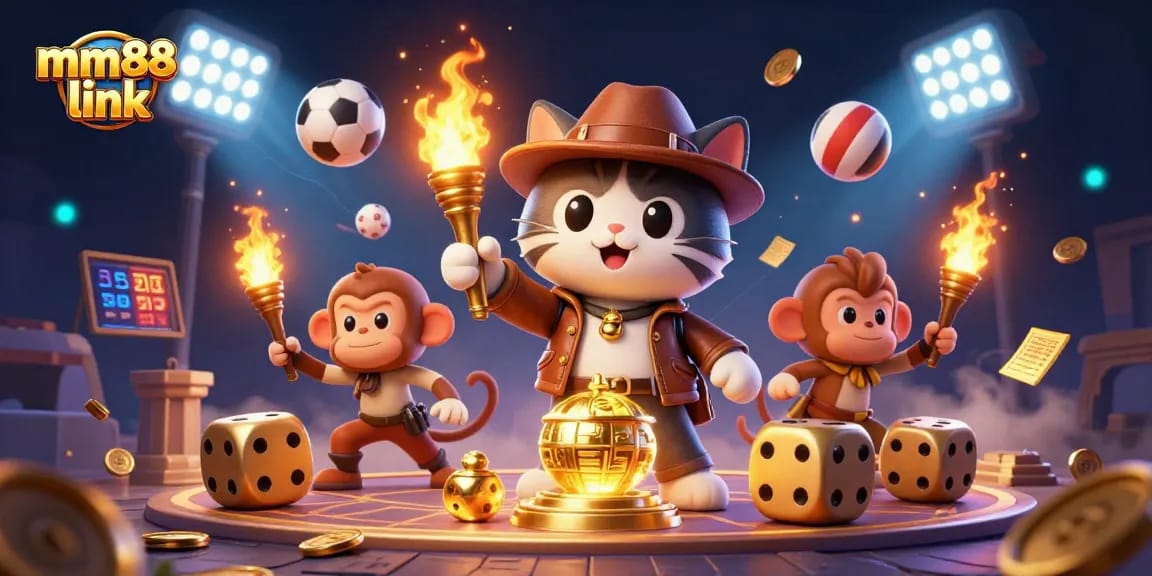 Engage with the mm88 link as a cartoon cat archaeologist explores ancient casino artifacts amidst vibrant games.
