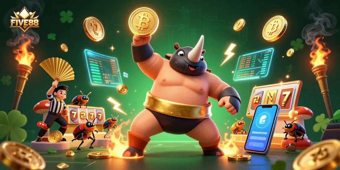 Experience thrilling action with FIVE88 as a sumo beetle champion slams down, sending coins flying in a colorful casino.