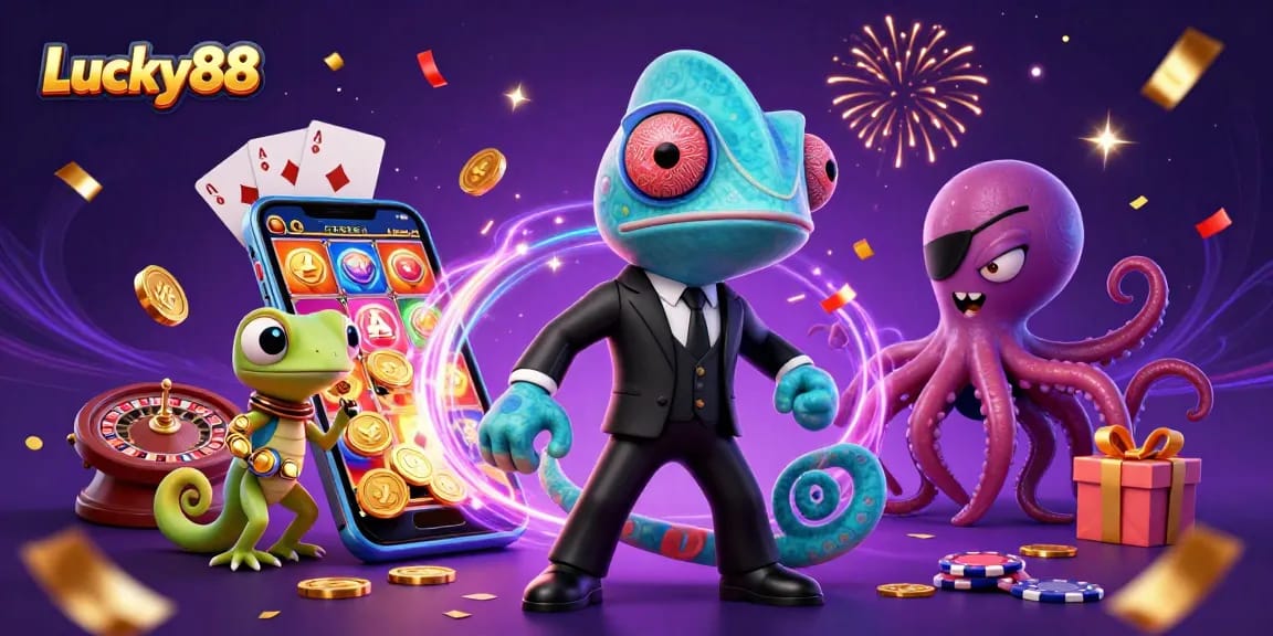 Experience thrilling adventures in Lucky88 with vibrant casino elements and colorful characters.