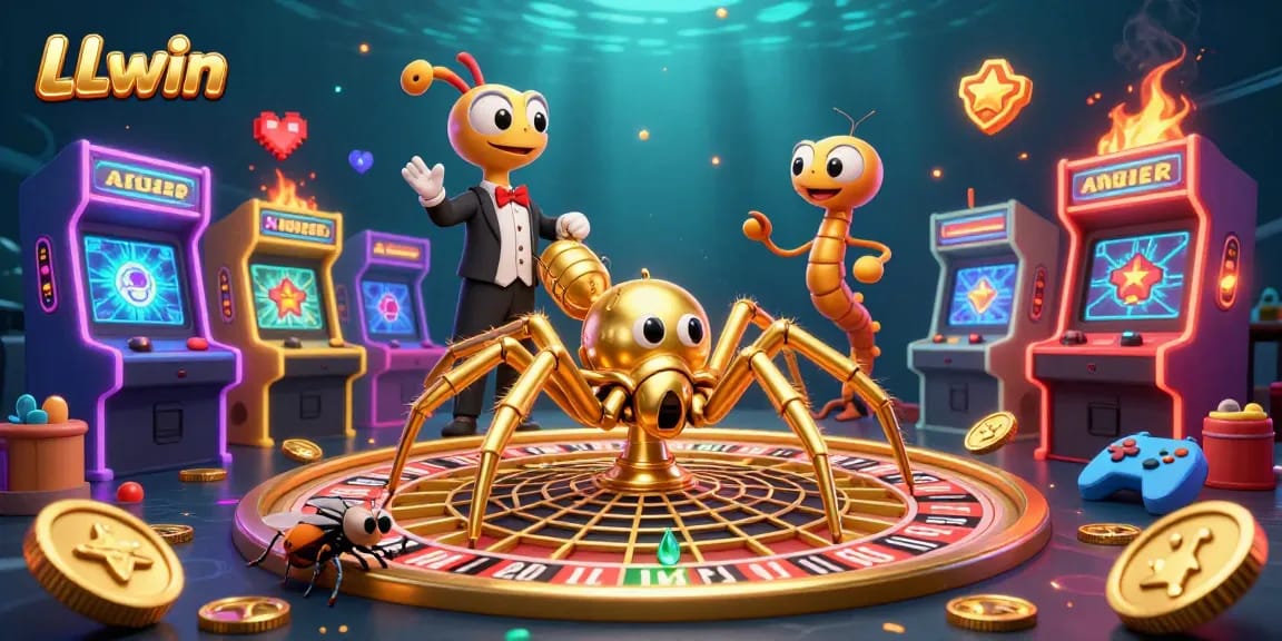 LLwin features a golden spider and a centipede croupier in a vibrant casino scene.