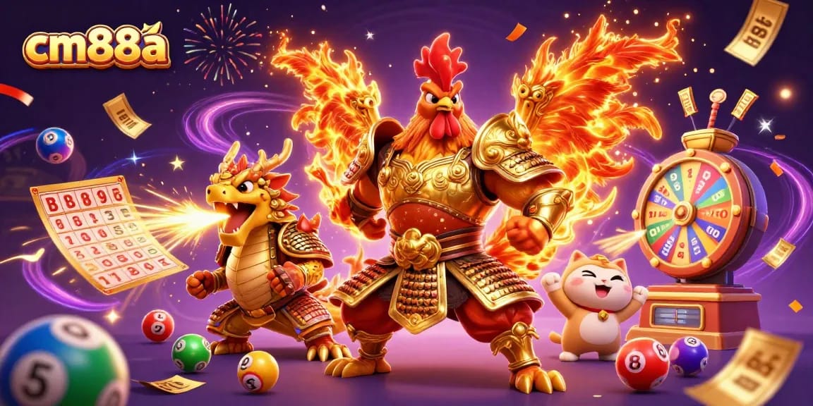 Experience exciting gaming at cm88a with a vibrant illustration of roaring fun and big wins.