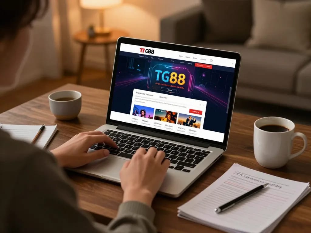 Engaged player accessing TG88 COM on laptop from home, focusing on online gambling strategy
