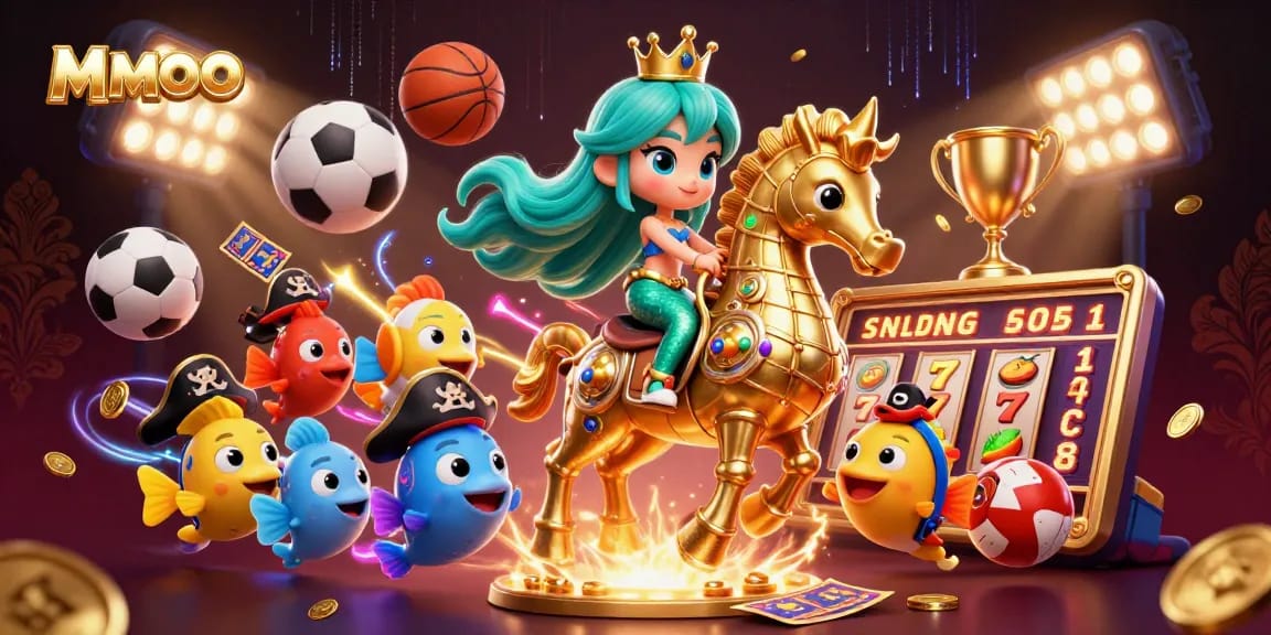 Interact with MMOO's thrilling casino games in a vibrant 3D underwater scene featuring a mermaid and seahorse.