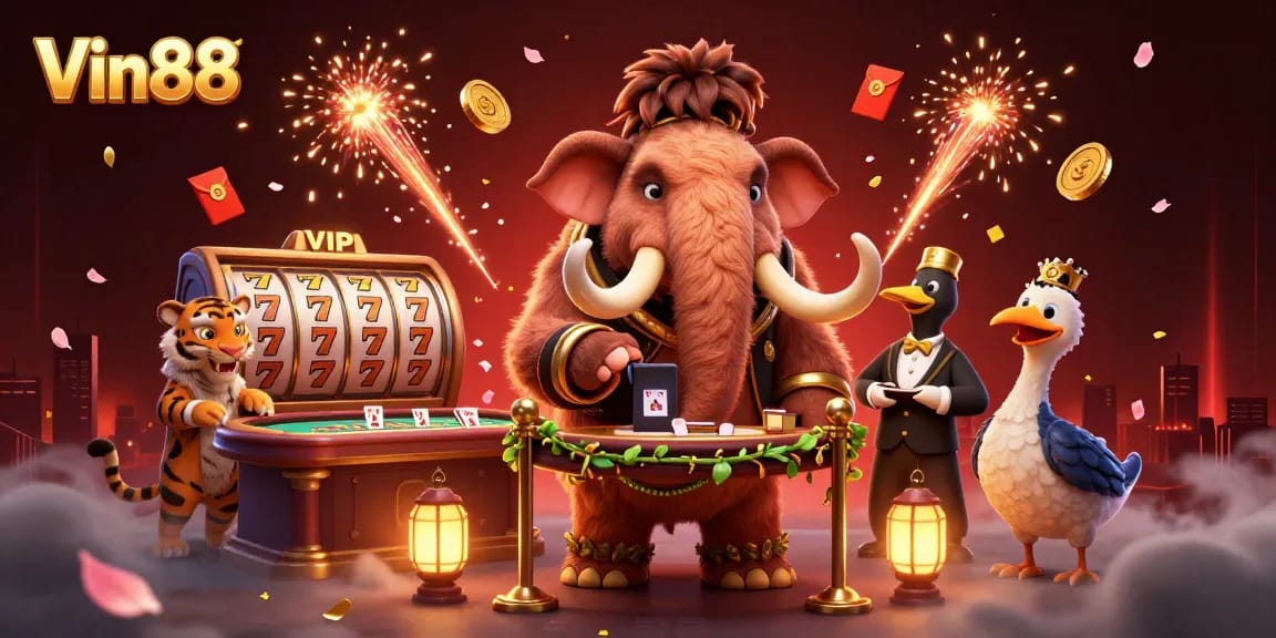 Win big at Vin88 with a vibrant 3D casino scene featuring engaging characters and dynamic slot action.