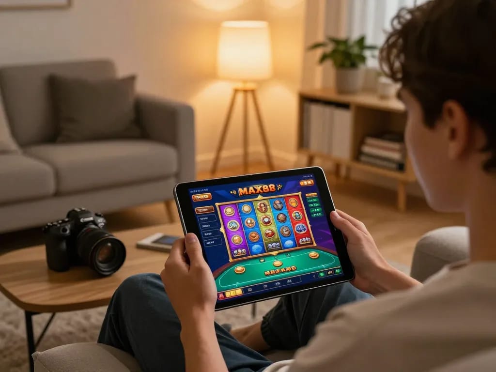 Engaging with the MAX88 casino app for online gaming in a cozy home environment.
