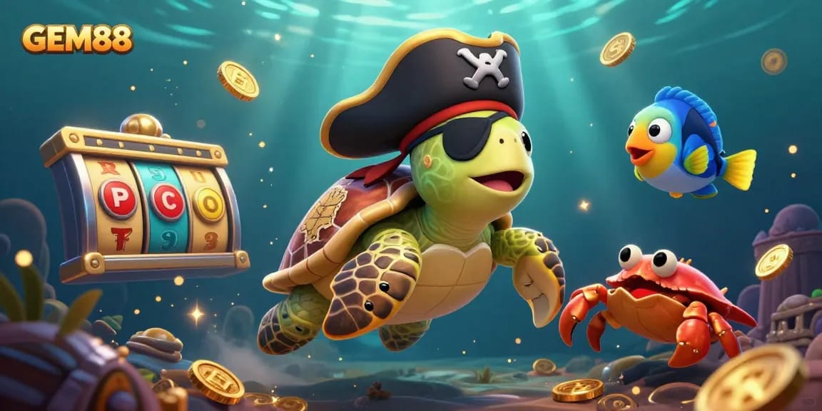 Engage in exciting adventures with GEM88, featuring a pirate turtle, crab, and parrotfish amidst dynamic gaming elements.