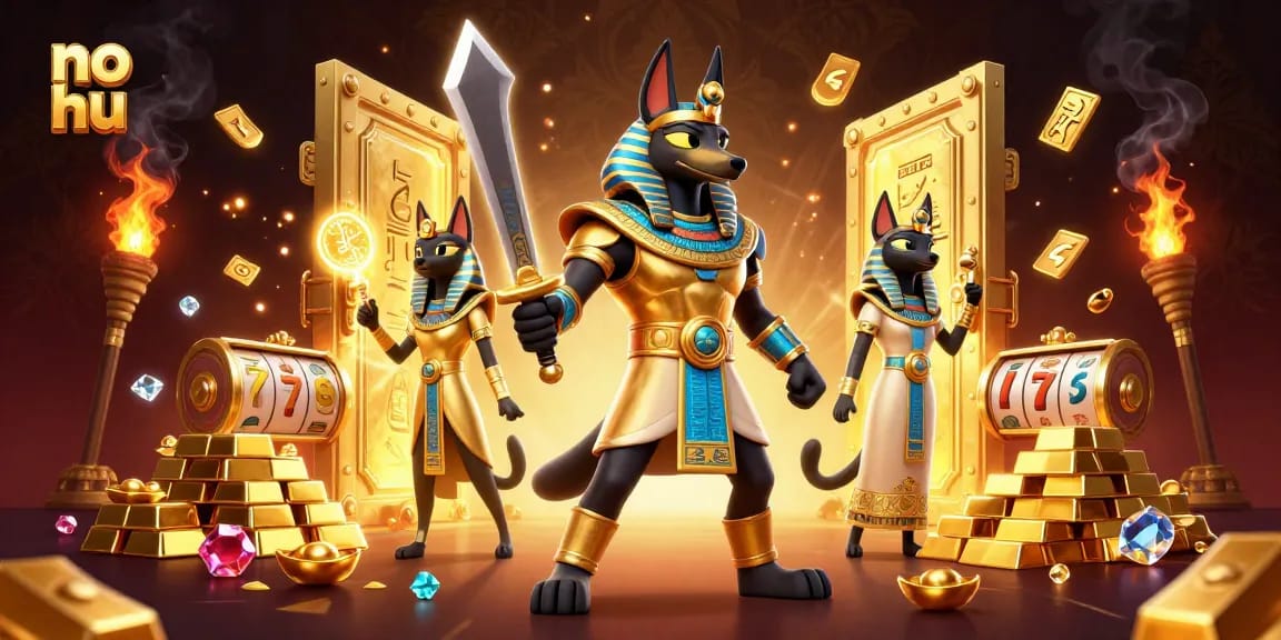 Engage in no hu slot games featuring Anubis and Bastet amidst treasures and jackpots.