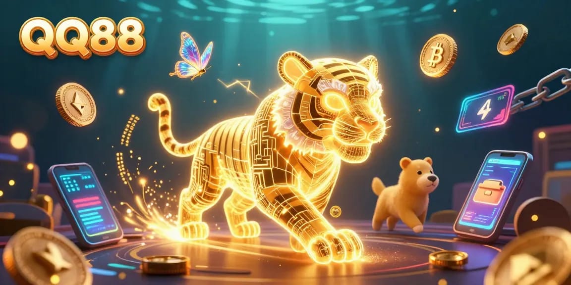Experience exciting gaming at QQ88 with a vibrant digital casino scene showcasing crypto elements and a glowing tiger.