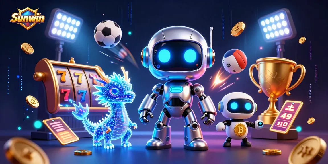 Join the action with Sunwin's vibrant casino scene featuring a cyberpunk robot and dynamic game elements.