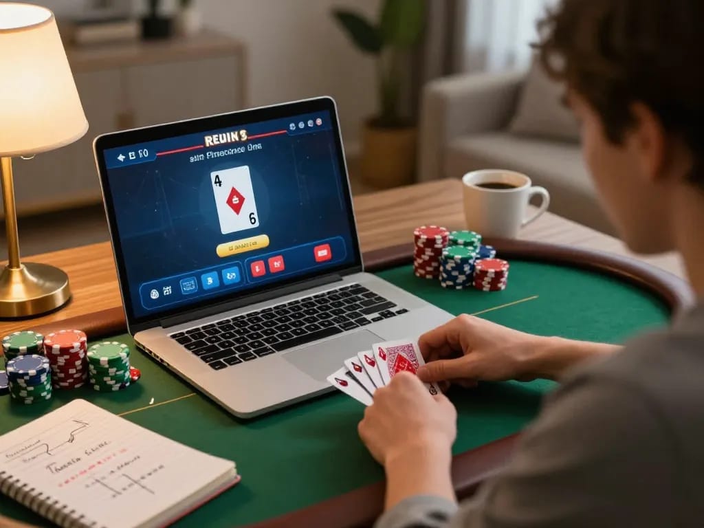 Player engaging in an online poker game with Nhà cái 79KING, showcasing strategic gameplay at home.