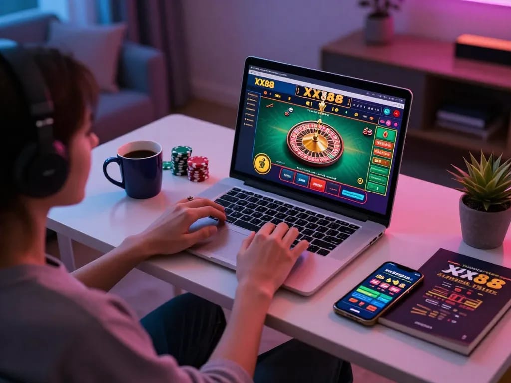 Engaging moment with a player exploring XX88 online casino game on a laptop at home, showcasing vibrant roulette action.
