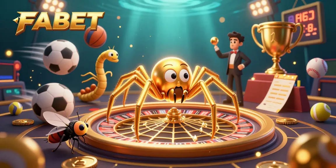 FABET features a dynamic scene with a spider roulette wheel, centipede croupier, and sports elements.
