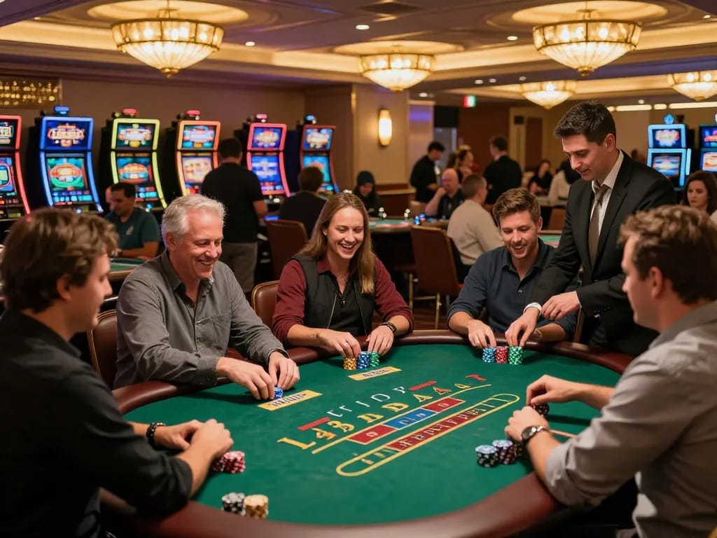 Players enjoying a thrilling blackjack game at TIP88, strategically placing bets in an exciting casino atmosphere.