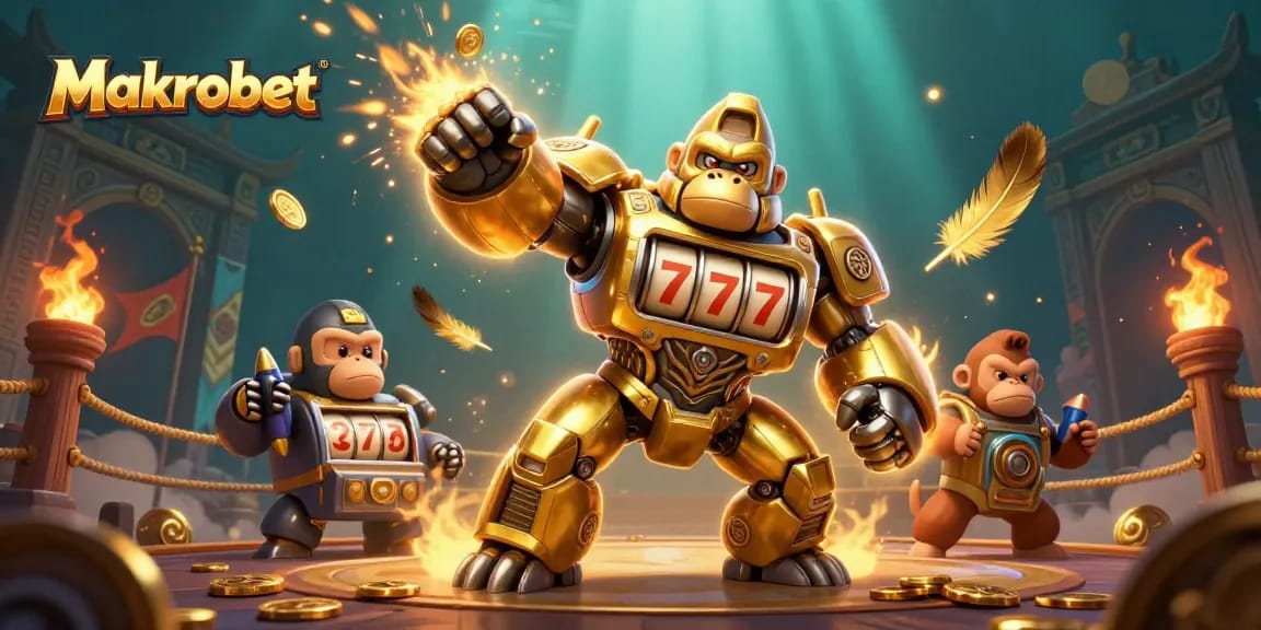 Makrobet's golden gorilla mech celebrates victory with coins and slot reels in a dynamic casino scene.