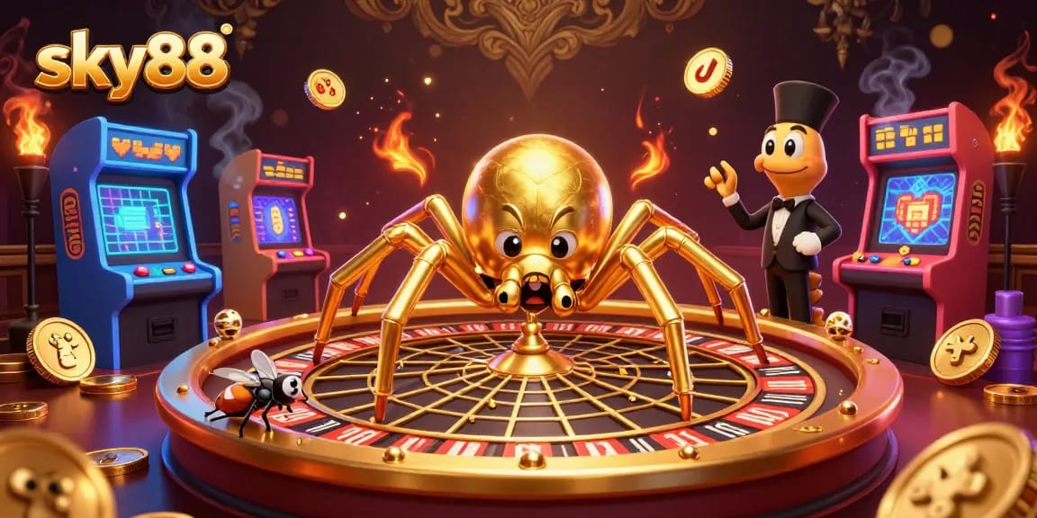 Engage in thrilling bets at sky88 with a vibrant 3D casino scene featuring a golden spider, a fly, and a centipede dealer.