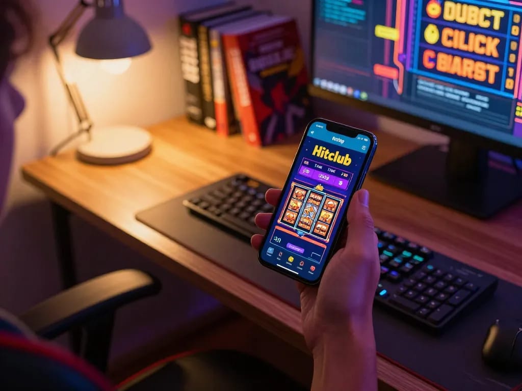 Engaging moment of playing Hitclub game app on a smartphone with colorful slot visuals.