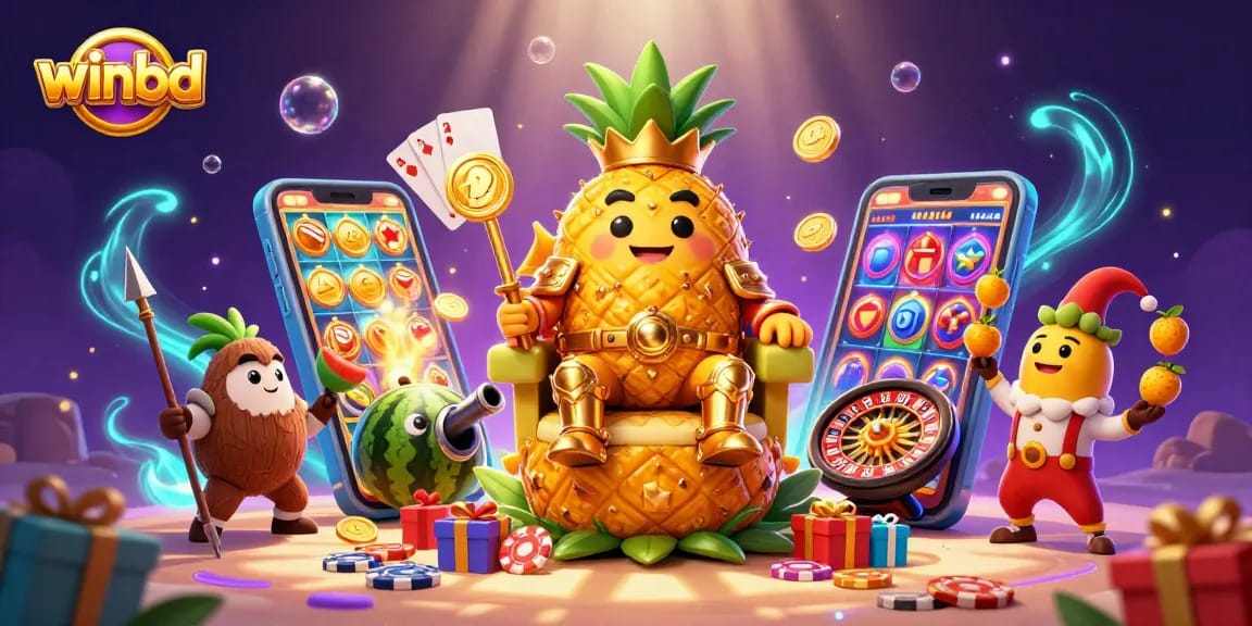 Winbd platform showcases a vibrant casino scene with a golden pineapple king, underwater elements, and dynamic gaming features.
