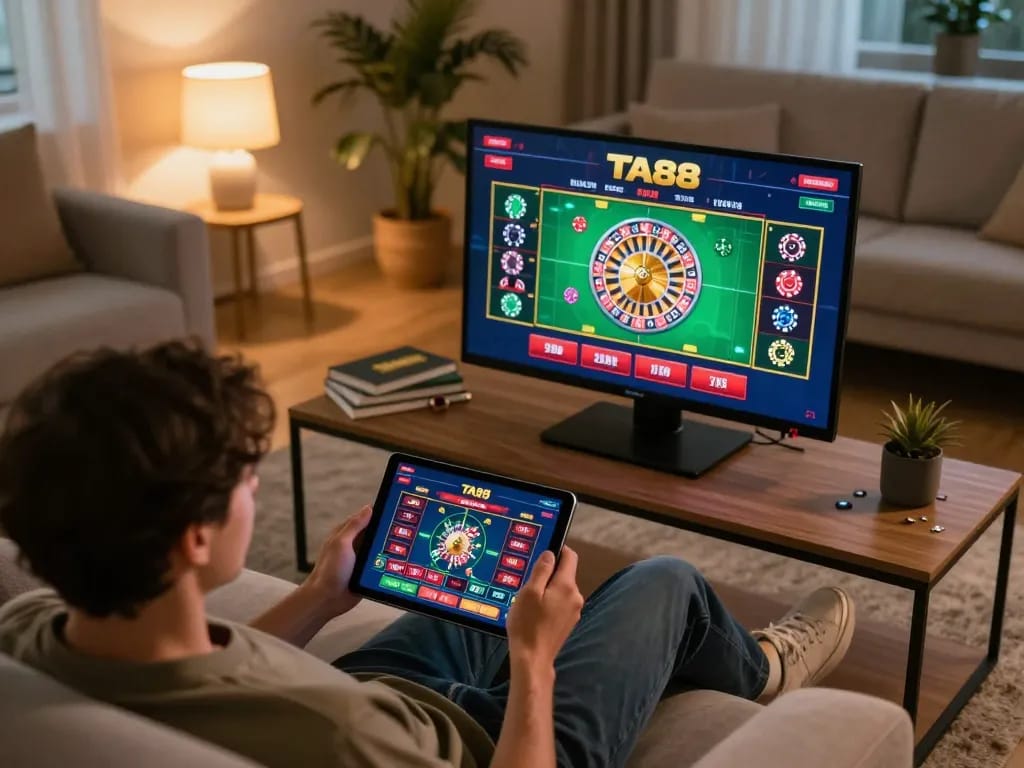 Enjoying TA88 online casino gaming with friends in a cozy living room setup