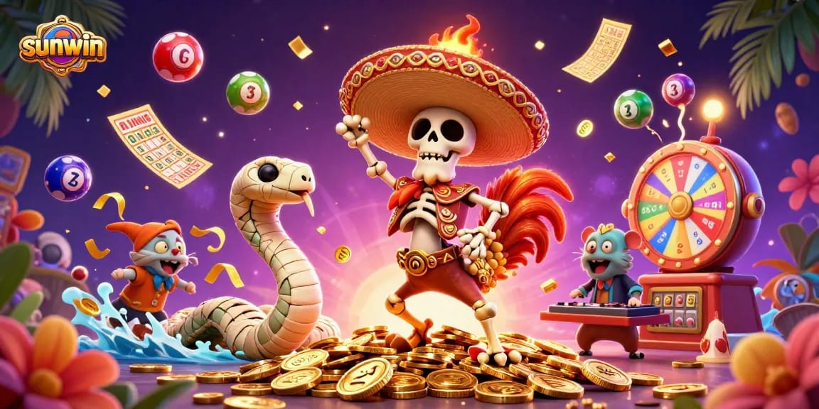 Join the sunwin adventure with a dancing mariachi rooster, golden coins, and vibrant lottery elements!