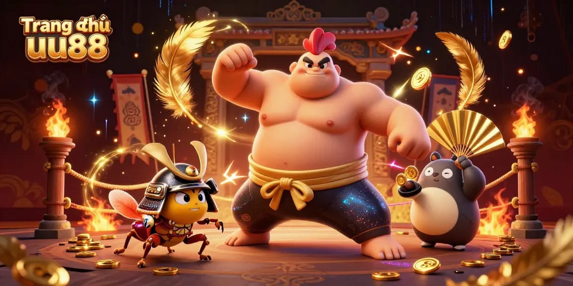 Experience thrilling action at Trang chủ uu88 with a sumo wrestler, samurai cricket, and tanuki announcer in a vibrant casino arena.