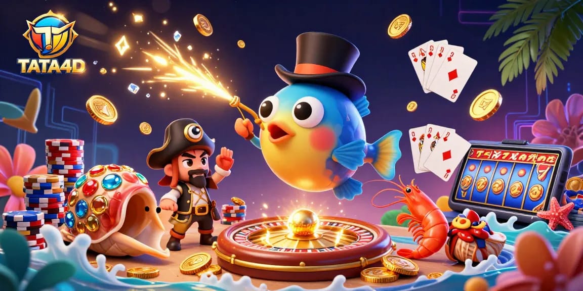 TATA4D offers vibrant gaming action with glowing coins and lively characters in this colorful casino scene.