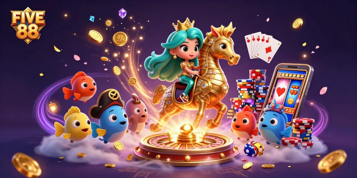 Experience the excitement of FIVE 88 with a dynamic mermaid princess and seahorse in this vibrant casino-themed 3D illustration.