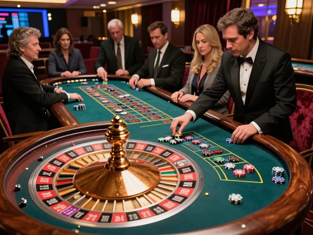 Experience the thrill of KJC roulette gameplay with players eagerly placing bets and a spinning wheel.