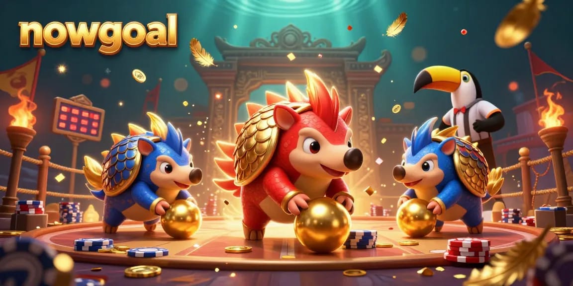 Nowgoal delivers real-time scores where rival pangolins roll golden balls through poker chips and celebrate wins.