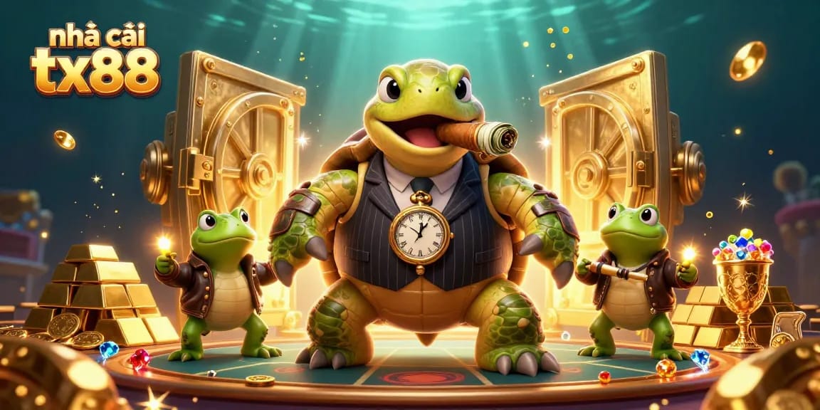 nhà cái tx88 showcases a dynamic 3D casino scene with a snapping turtle and bullfrogs amidst jewels and gold.