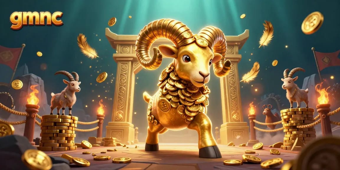 Experience the thrill of gmnc with a charging golden ram amidst a dynamic casino scene.