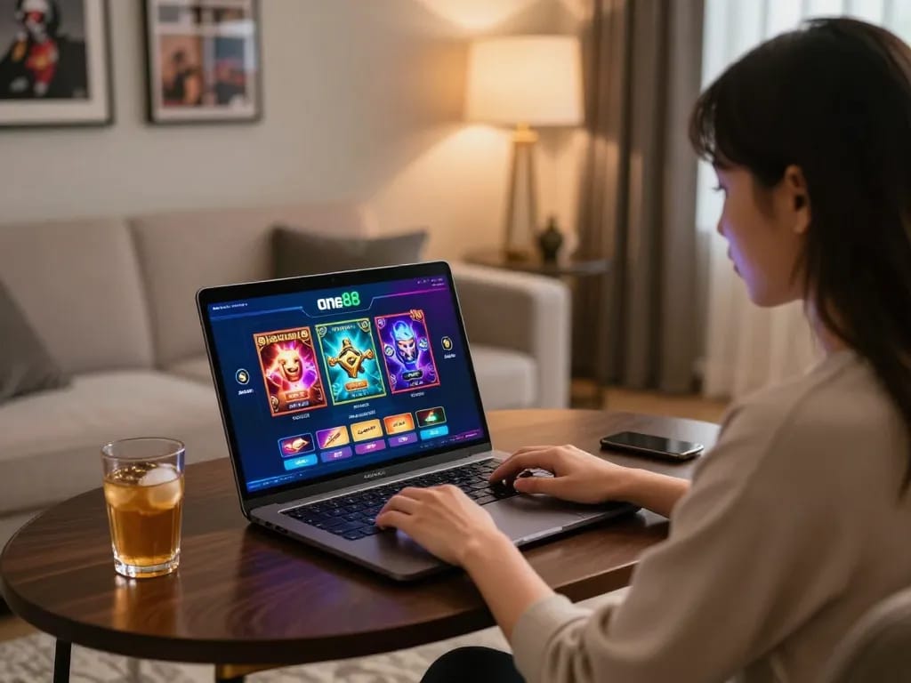 Engaging with the one88 online casino interface from a stylish home setup, showcasing responsible gaming.