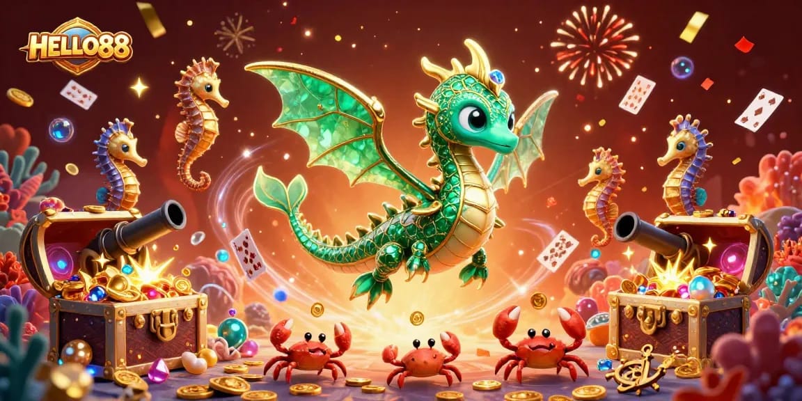 Engage with exciting games at HELLO88 featuring an emerald sea dragon, royal seahorse guards, and treasure chests.