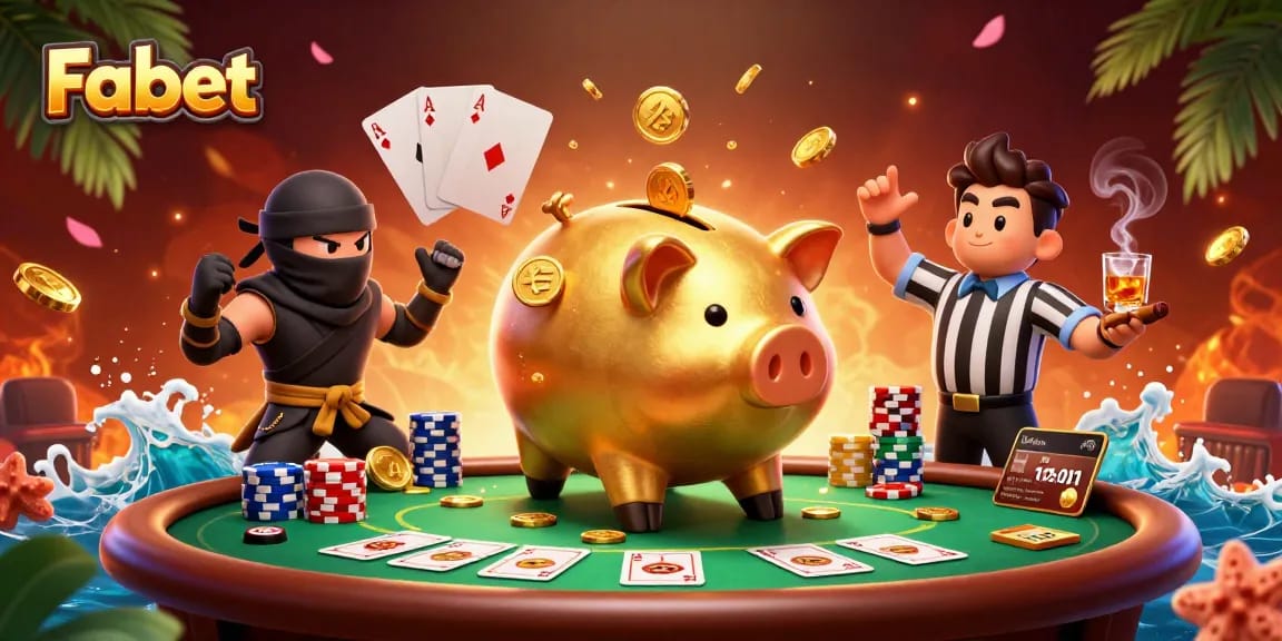 Fabet features an exciting scene with playful gambling characters amidst piles of poker chips and cards.
