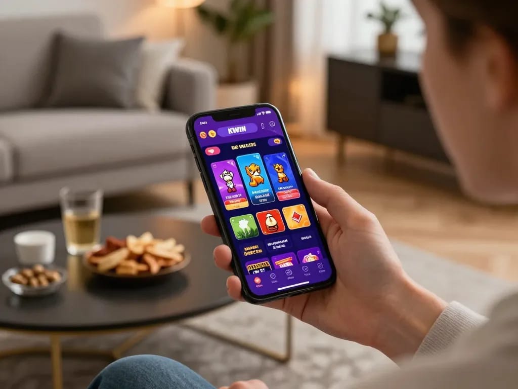 Player enjoying KKWIN app on their smartphone in a stylish living room