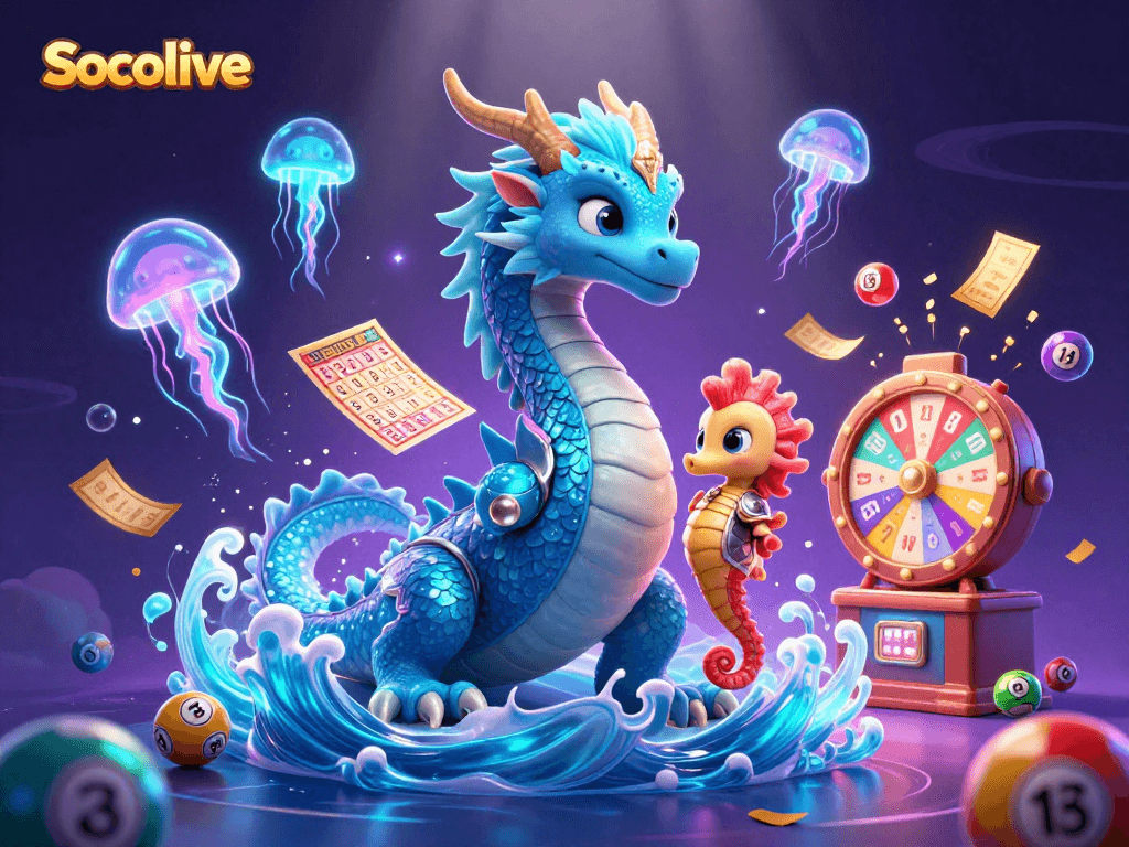 Socolive invites players with a vibrant 3D underwater scene showcasing a majestic water dragon, seahorse knight, and lively jellyfish, enhancing lottery excitement