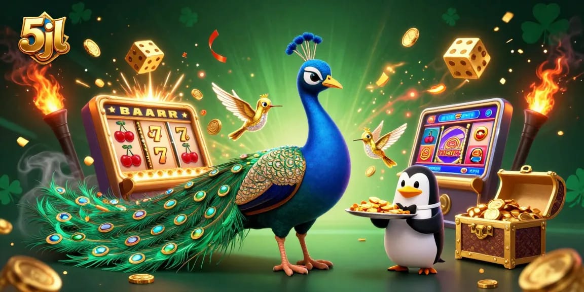 Spin to win at 5jl with vibrant characters and dynamic casino elements bursting in excitement.