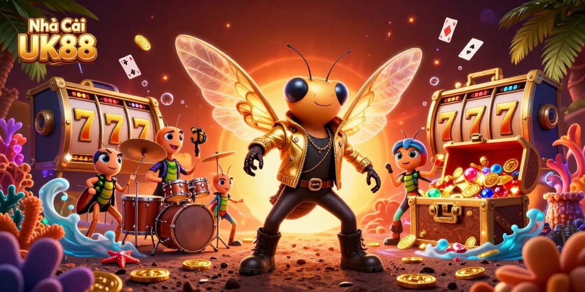 Engage with the vibrant atmosphere at Nhà Cái UK88 as a cartoon rock star and beetle drummer perform amidst dazzling slot game elements.