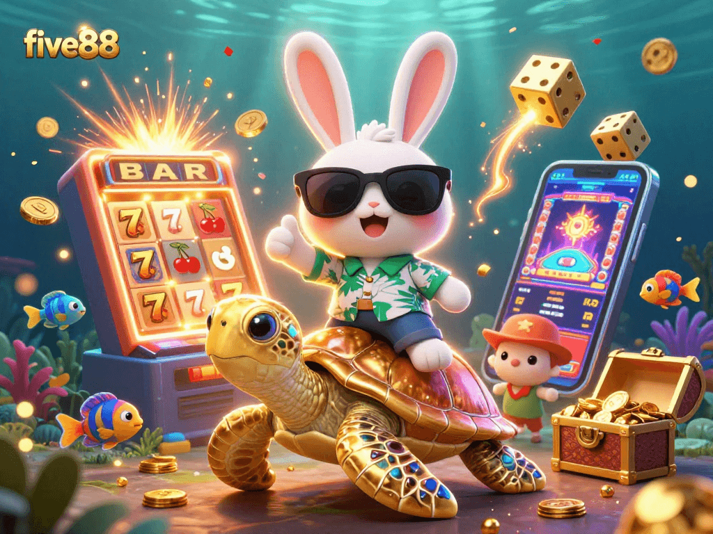 Experience the excitement of five88 with a cartoon rabbit and turtle in a jackpot explosion!